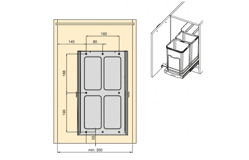 Uittrekbare inbouw afvalbak 2x12 liter RVS