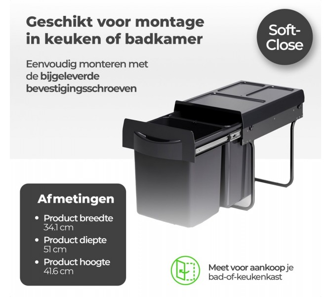AufuN Inbouwafvalemmer, afvalemmer, keukenonderkast, uittrekbaar, 3 vakken, uittrekbaar, 2 x 10 l 1 x 20 l, volledig uittrekbaar met telescopische rails, 48 x 34 x 42 cm (l x b x h), grijs