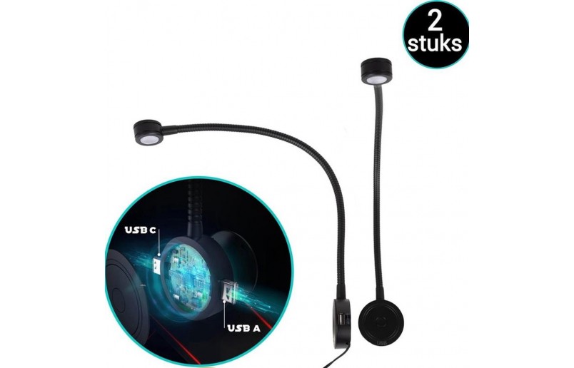 Led Bedlampjes met flexibele arm, dimfunctie, USB én USB-C (2 stuks) Led Bedlampjes met flexibele arm, dimfunctie, USB én USB-C (2 stuks)