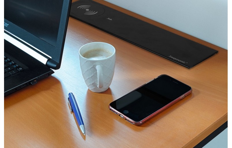 Desk socket black with 2 outlets, 2 USB ports, 2 internet connection and wireless charger 