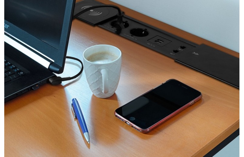 Desk socket black with 2 outlets, 2 USB ports, 2 internet connection and wireless charger 