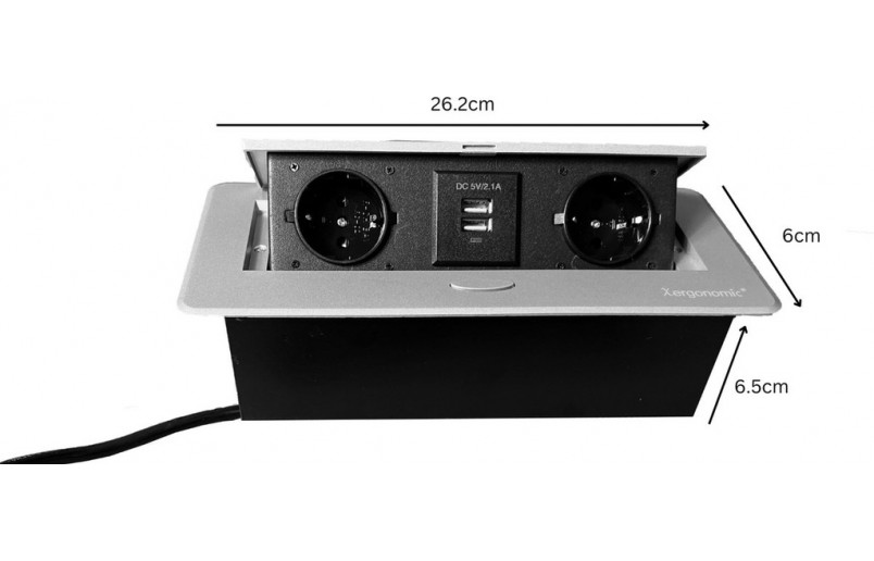 Desktop socket silver with 2 sockets and 2 USB ports 