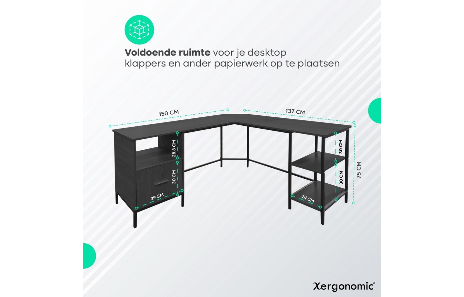 AKORD Hoekbureau B-16 met 3 laden en 2 planken, bureau, hoektafel, hoekbureau voor thuiskantoor, eenvoudige montage, 124 x 77 x 85 (b x h x d), 48 kg eiken artisan en wit front