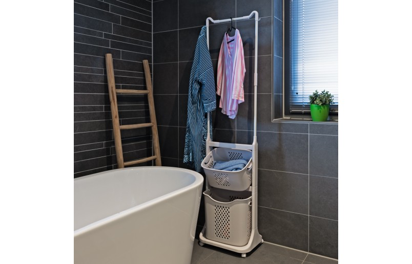 Trieur à linge en plastique avec 2 compartiments et tringle à linge