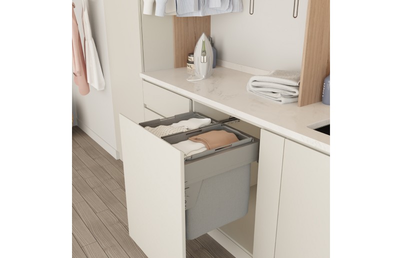 Fabric pull-out washable laundry basket/sorting bin, 40+40 liters, for fixed cabinet fronts, 600 mm
