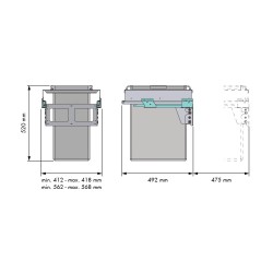 Fabric pull-out washable laundry basket/sorting bin, 40+40 liters, for fixed cabinet fronts, 600 mm