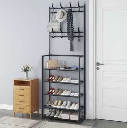Schoenrek zwart met legplanken en kledinghaken Schoenrek zwart met legplanken en kledinghaken