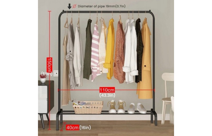 Kledingrek met stang en plank voor schoenen, zwart metaal