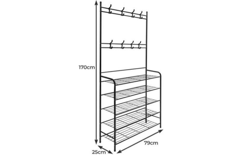 Schoenrek zwart met legplanken en kledinghaken Schoenrek zwart met legplanken en kledinghaken