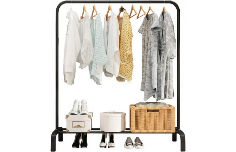 Kledingrek met stang en plank voor schoenen, zwart metaal