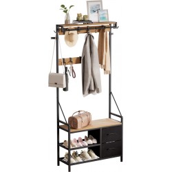 Coat Rack with Shoe Rack and Drawers, Gold Oak / Black