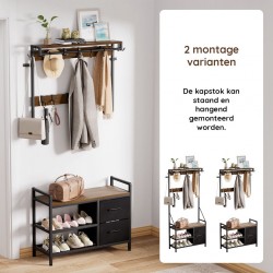 Coat Rack with Shoe Rack and Drawers, Walnut / Black
