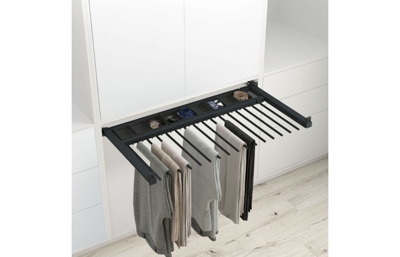 Porte-pantalons coulissant de luxe anthracite, réglable en largeur.