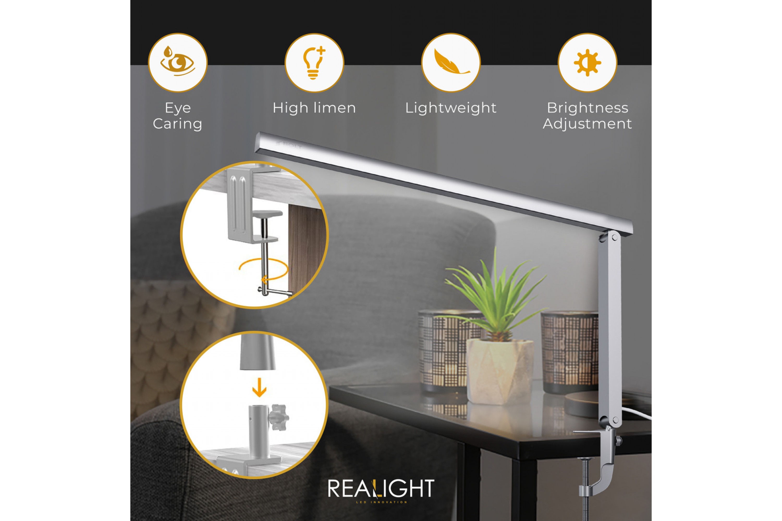 Bureaulamp Leeslamp zilver, roteerbaar, dimfunctie en kleurstanden