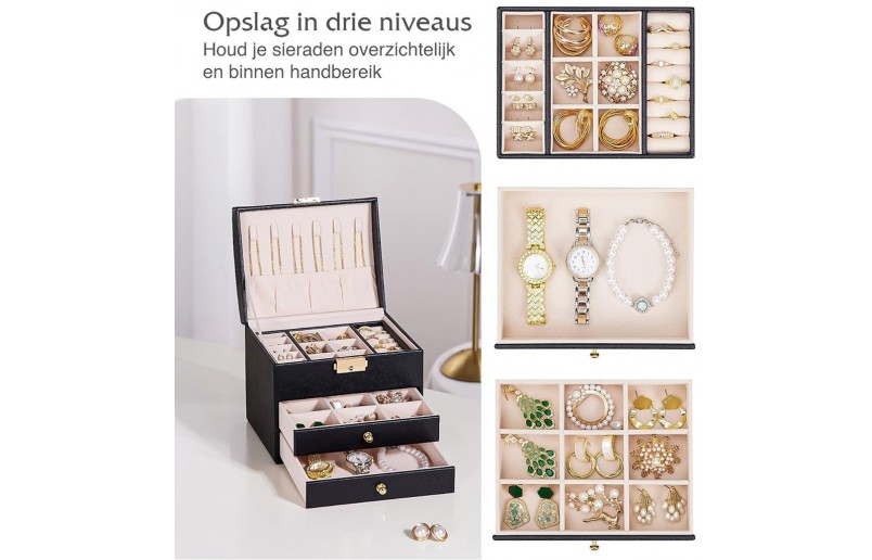 Sieradendoos met 5 niveaus en 3 laden Zwart 