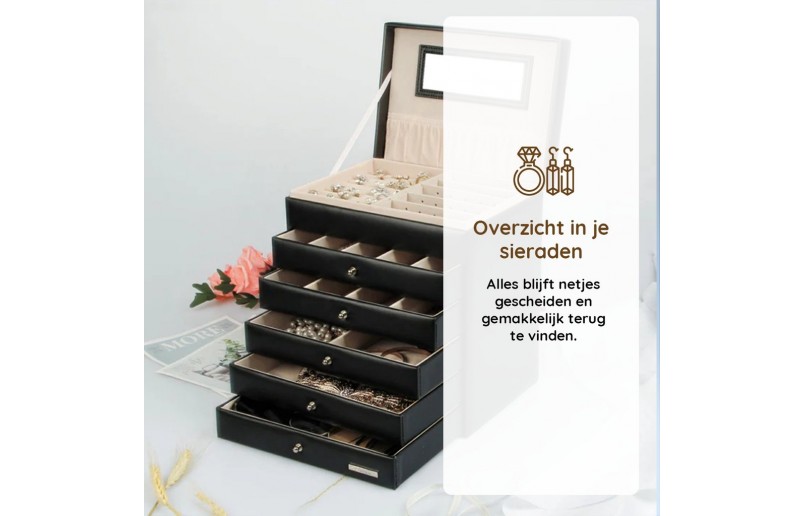 Sieradendoos met 6 niveaus, 5 laden en spiegel Zwart