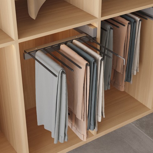 Uittrekbaar pantalonrek zilver voor 9 pantalons (zijwand montage) 