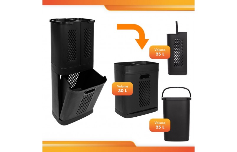 Trieur à linge en plastique noir avec 3 compartiments, total 124 litres