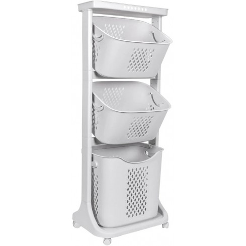 Trieur à linge en plastique blanc avec 3 paniers, total 82 litres
