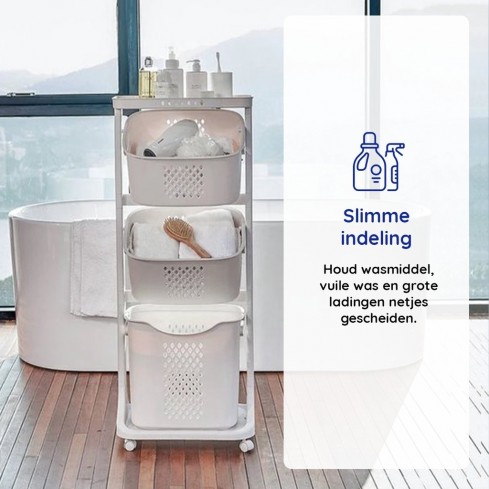 Trieur à linge en plastique blanc avec 3 paniers, total 82 litres