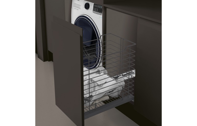 Anthracite-colored steel laundry basket for front mounting, available in 4 sizes