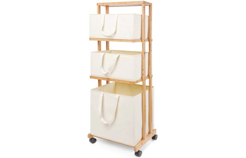 Trieuse à linge Eleganca - panier à linge à 3 compartiments avec roulettes - Bambou noir