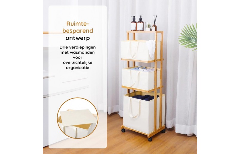 Trieuse à linge Eleganca - panier à linge à 3 compartiments avec roulettes - Bambou noir