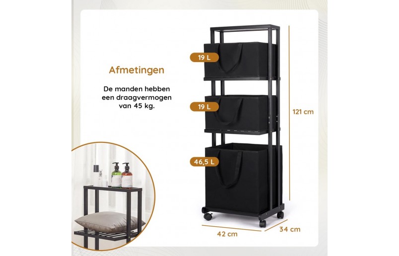 Trieuse à linge Eleganca - panier à linge à 3 compartiments avec roulettes - Bambou noir