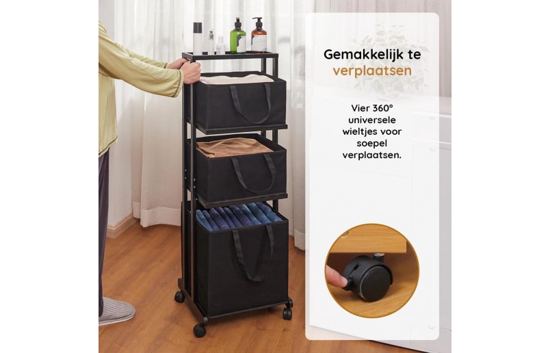 Trieuse à linge Eleganca - panier à linge à 3 compartiments avec roulettes - Bambou noir