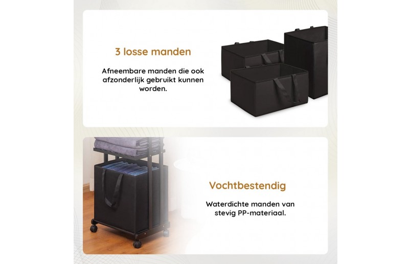 Trieuse à linge Eleganca - panier à linge à 3 compartiments avec roulettes - Bambou noir