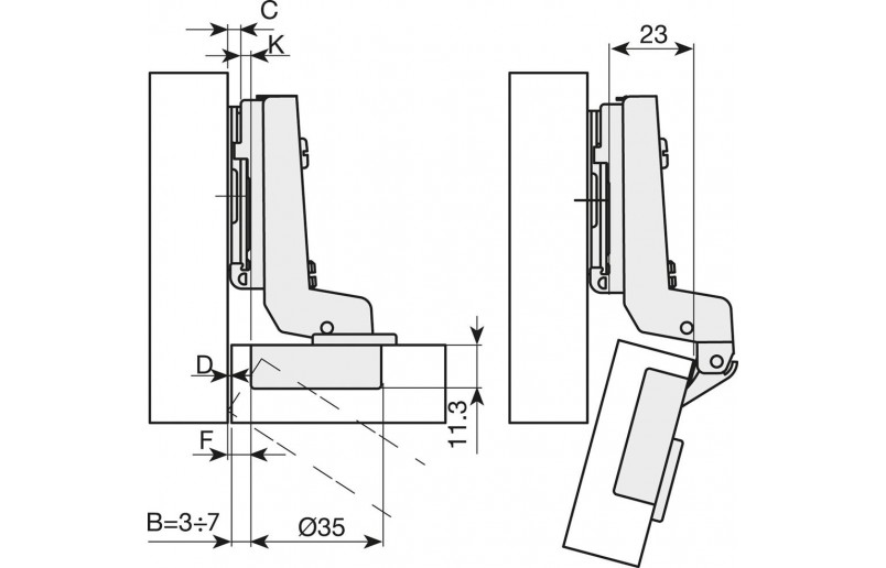 Recessed hinge with sofclosing