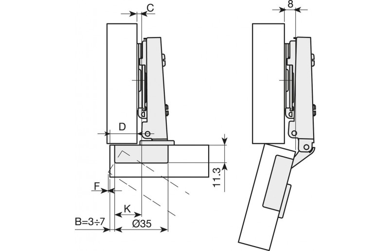 Recessed hinge with sofclosing