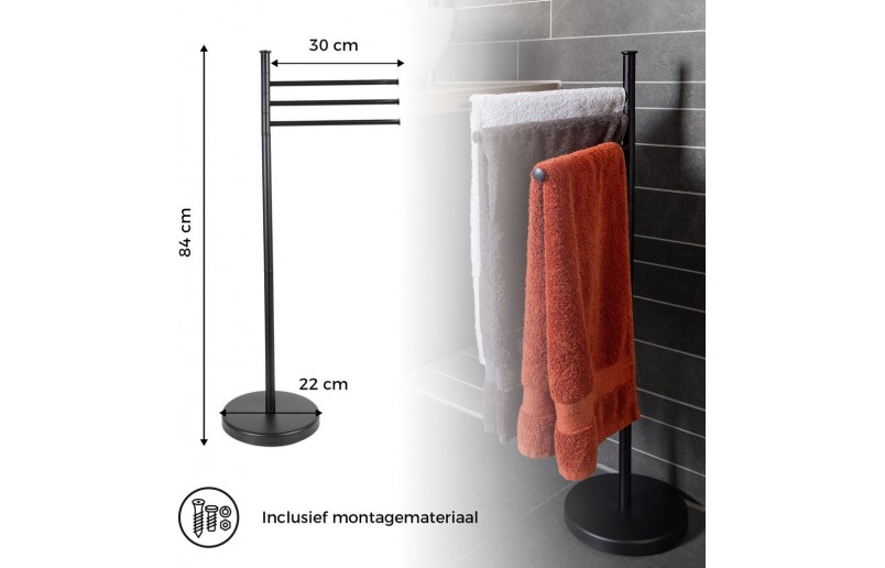 Handdoekrek zwart, rond staand model met 3 draaibare armen