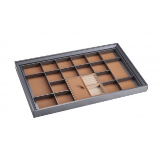 Luxe uittrekbare antraciet/oranje sieradenlade met soft-close Luxe uittrekbare antraciet/oranje sieradenlade met soft-close